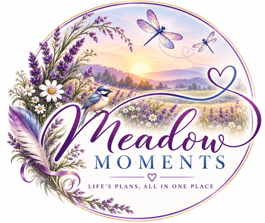 The Meadow Moments logo: a meadow at sunrise with lavender, a feather, a bird and dragonflies