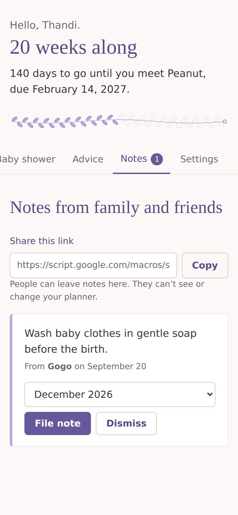 A note from a family member arriving in the planner