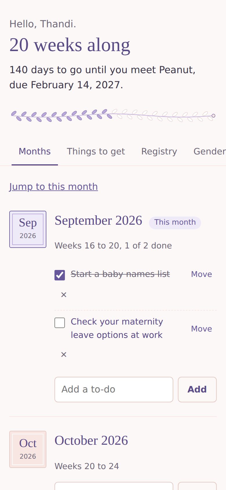 The baby planner, showing weeks along and this month’s to-dos